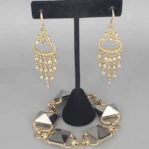 Gray Pyramid Goldtone Bracelet and AB Goldtone Chandelier Earrings Set